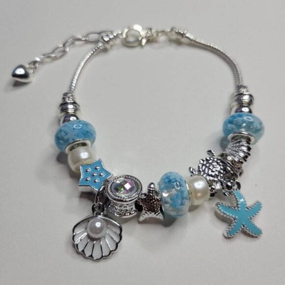 NWT Pandora Style Charm Bracelet Enameled Star Turtle Shells Pearl Silver Blue - Picture 6 of 6